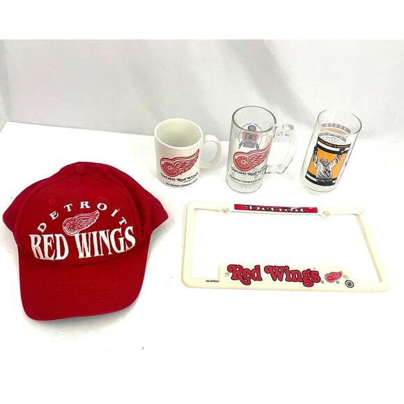 VTG Detroit Red Wings Snapback Hat License Plate Mugs Cups NHL Rare 1990s Hockey - Picture 1 of 13